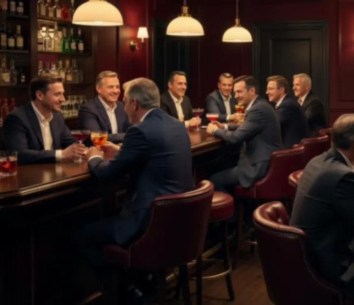 Atmosferyczny bar w poker lounge z gośćmi rozmawiającymi przy kieliszkach i stołach pokerowych w tle.