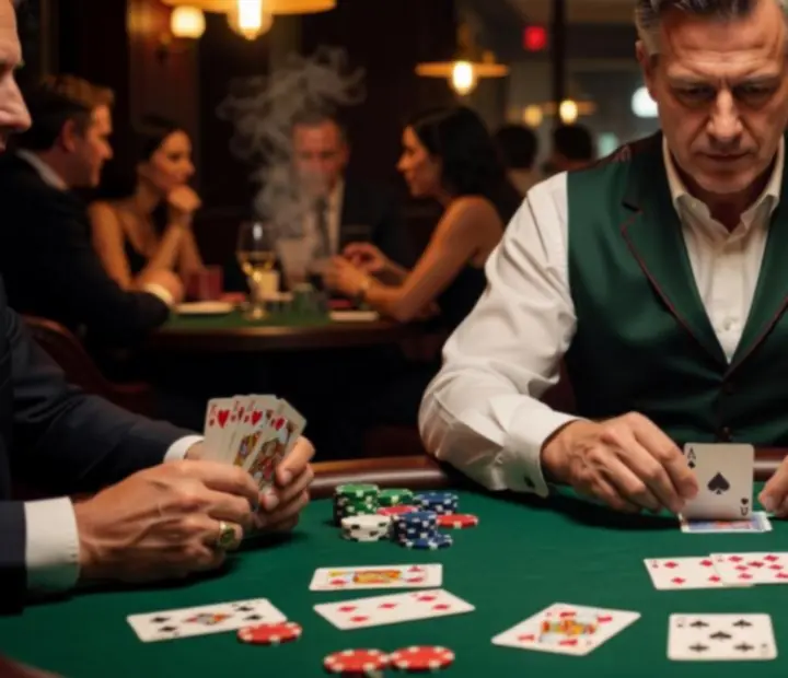 Krupier prowadzący wieczór pokerowy offline w eleganckim card roomie restauracji, przy zielonym stole pokerowym.