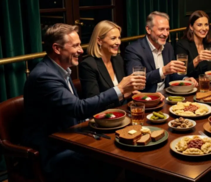 Ciemne, przytulne wnętrze restauracji z zielonym suknem na stołach pokerowych, ciepłym światłem nad stołami i gośćmi jedzącymi oraz grającymi w karty.