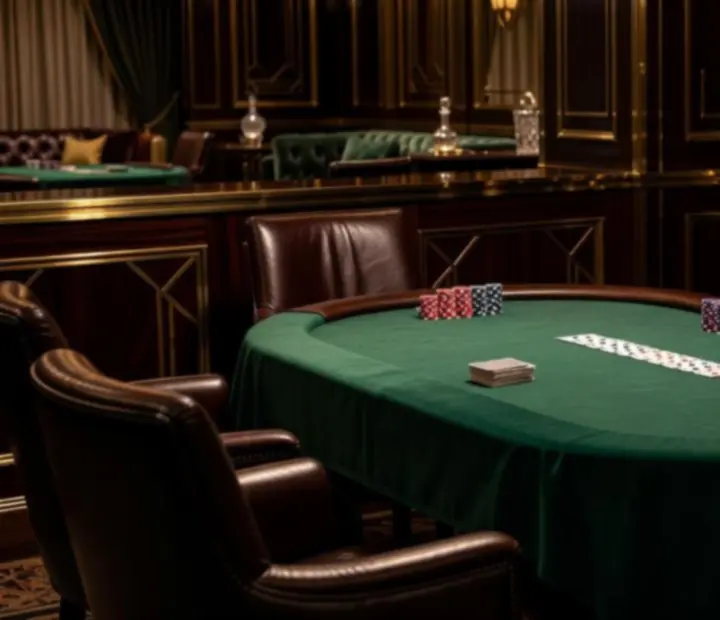 Salon kart Flavor Skillet z ciemnozielonym stołem pokerowym i skórzanymi fotelami