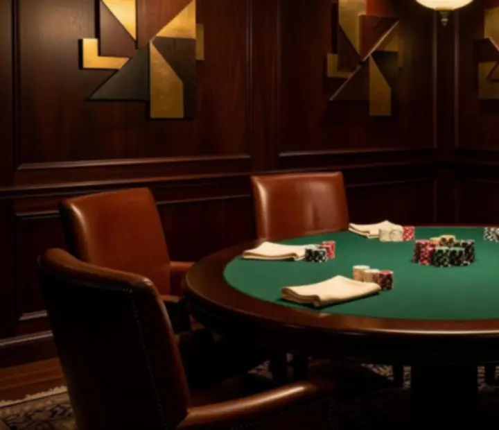 Detale wystroju card roomu: zielone stoły pokerowe, lampy i skórzane fotele