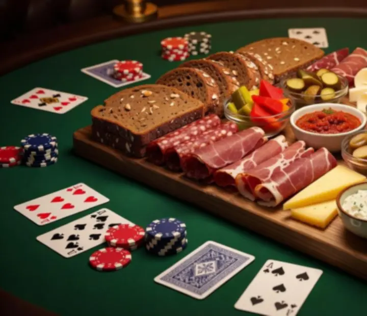 Pokerowa deska degustacyjna z przekąskami, serami, wędlinami i warzywami ustawiona na zielonym pokerowym suknie w card roomie.
