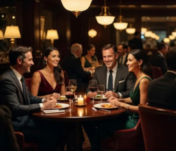 Wieczorna atmosfera w restauracji Flavor Skillet z gośćmi przy stołach pokerowych i kolacji