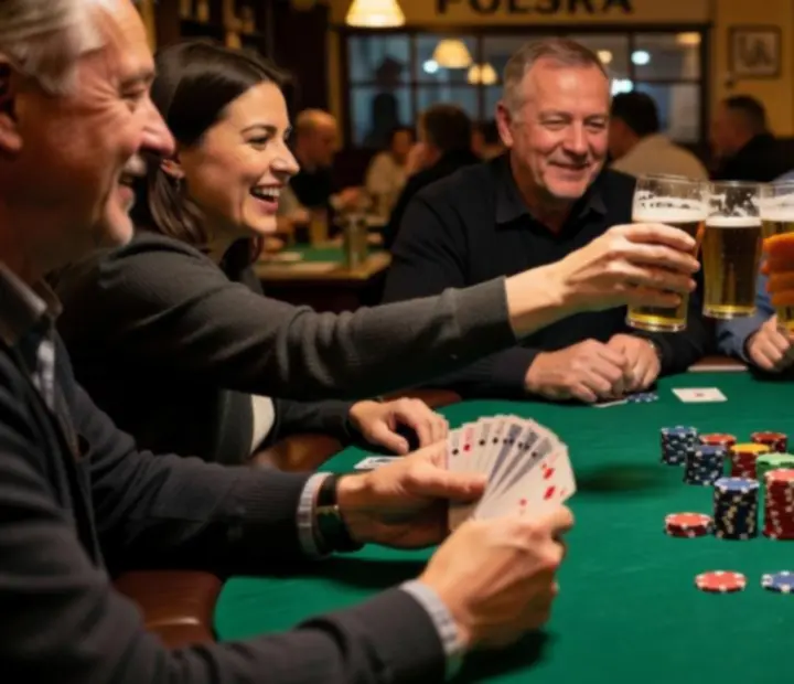 Goście przy stołach pokerowych w eleganckiej restauracji podczas wieczoru pokerowego