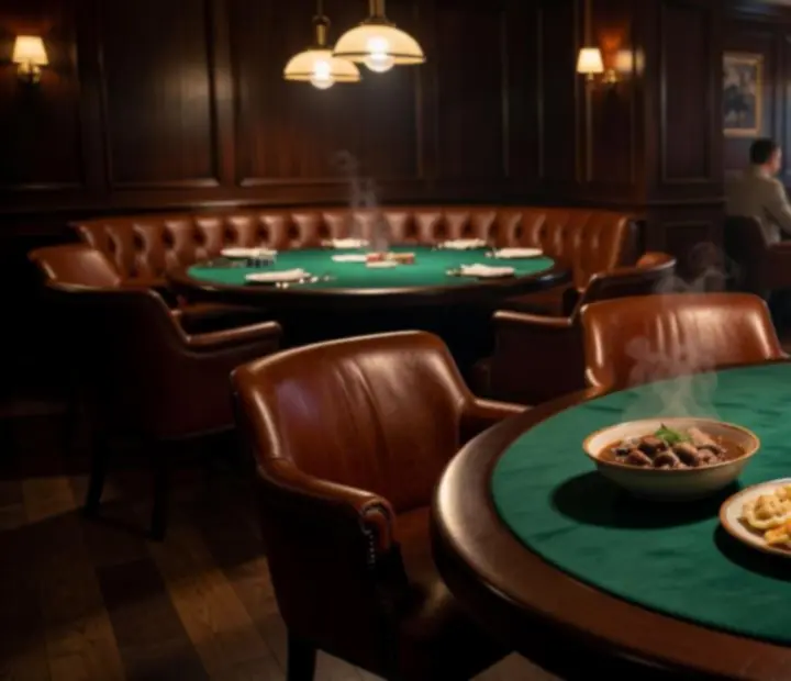 Eleganckie wnętrze restauracji Flavor Skillet z widoczną strefą pokerową, zielonym suknem na stole pokerowym i misternie podanymi polskimi daniami.