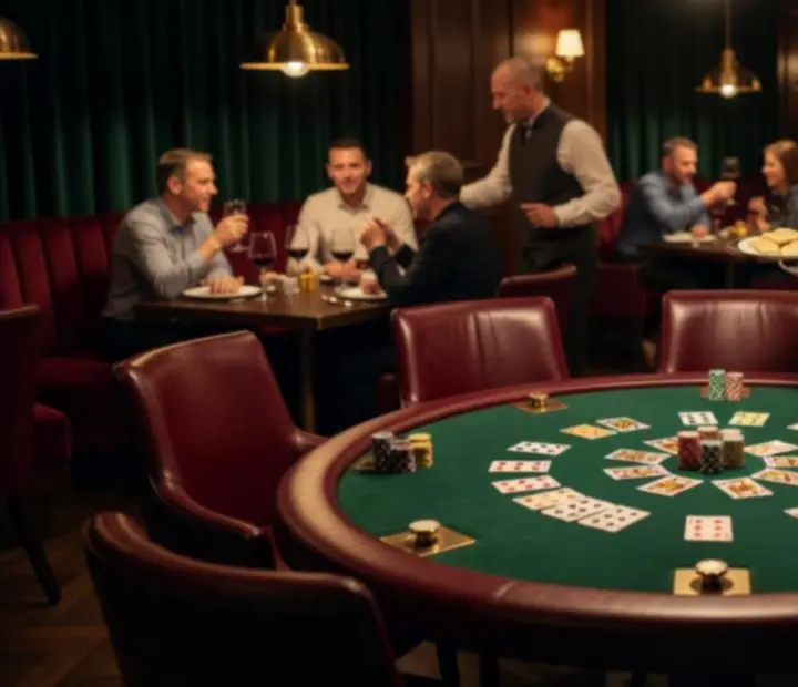 Elegancki stół pokerowy z zielonym suknem, kartami i żetonami w restauracji Flavor Skillet