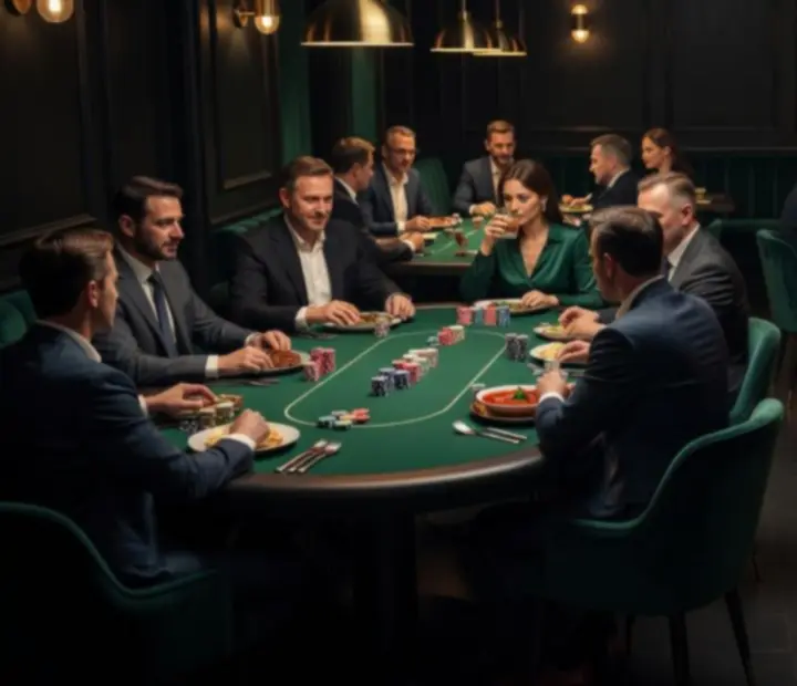 Eleganckie wnętrze restauracji Flavor Skillet z dedykowanym stołem pokerowym, zielonym suknem, kartami i żetonami pokerowymi
