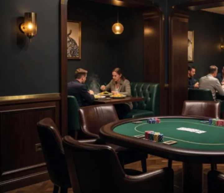 Klimatyczny salon kart w restauracji Flavor Skillet z zielonym stołem pokerowym, kartami i żetonami pokerowymi obok eleganckich stolików kolacyjnych.