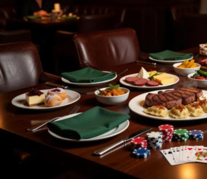 Polskie dania – steki, pierogi i deski do dzielenia – podane przy pokerowym stole w restauracji.