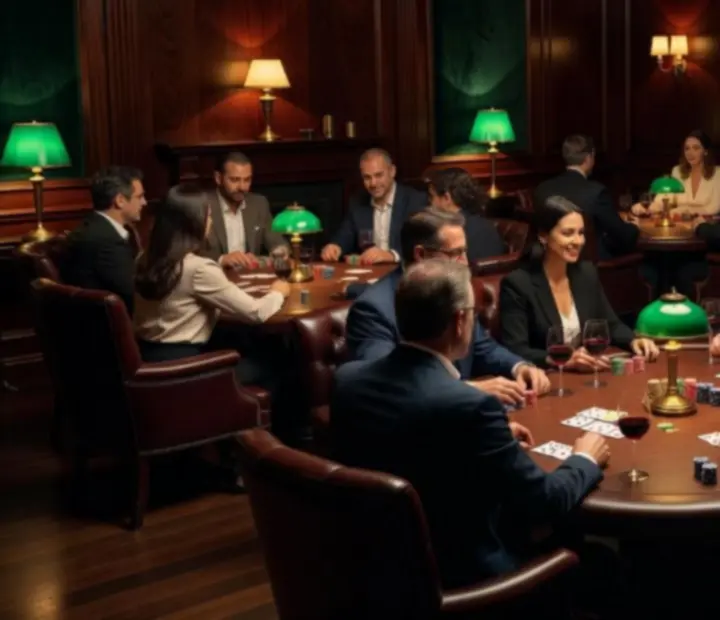 Atmosferyczny card room w restauracji z zielonym stołem pokerowym, skórzanymi fotelami, kartami i żetonami pokerowymi.