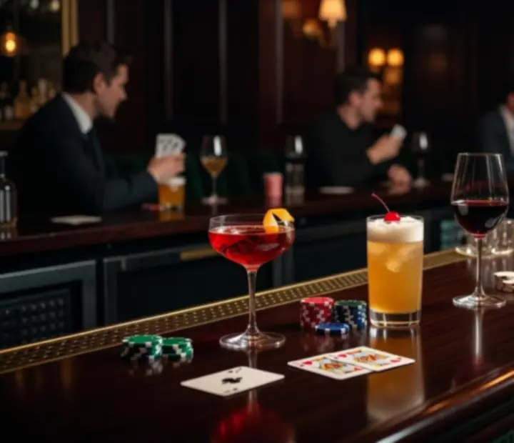 Koktajle na ciemnym barze bistro obok kart i żetonów