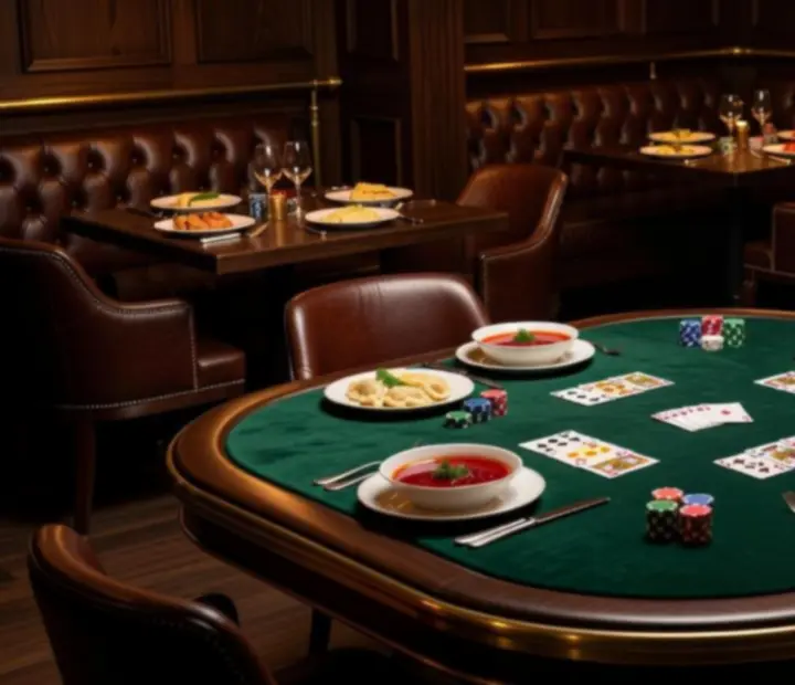 Eleganckie wnętrze restauracji z zielonym stołem pokerowym, kartami i żetonami pokerowymi