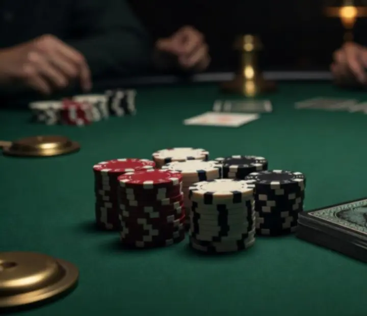 Zielone sukno stołu pokerowego z kartami i żetonami