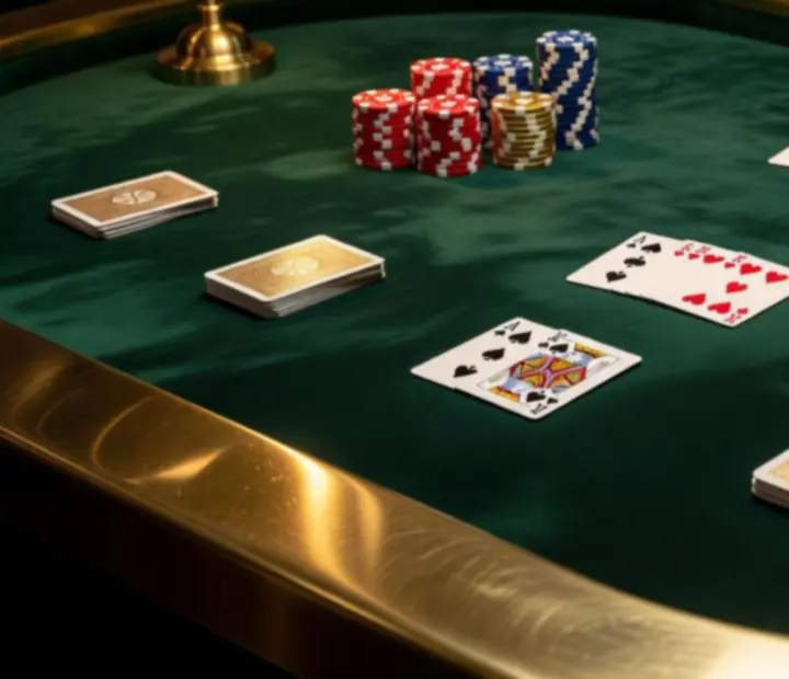Detale stołów pokerowych z zielonym suknem, żetonami pokerowymi i mosiężnymi akcentami