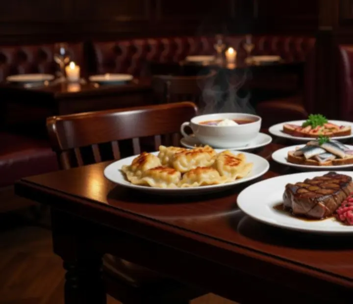 Polskie dania na eleganckim stole restauracyjnym: steki, pierogi, tatar i dodatki
