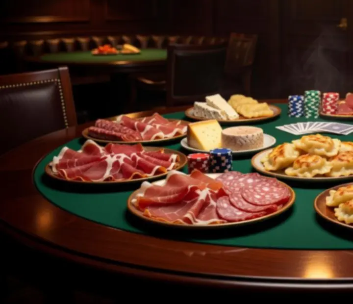 Przekąski do dzielenia się ułożone na stole z zielonym suknem pokerowym