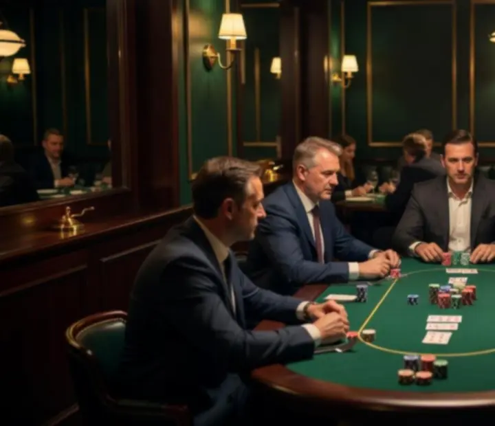 Atmosferyczne wnętrze restauracji Flavor Skillet z wieczorem pokerowym przy stołach pokerowych z zielonym suknem
