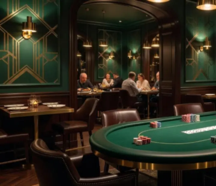 Elegancki salon kart Flavor Skillet Lounge z zielonym suknem, stołem pokerowym i nastrojowym oświetleniem